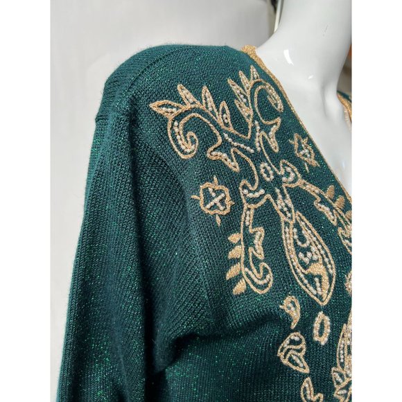 Jaclyn Smith Beaded and Embroidered Cardigan Sweater M Green, Gold Metallic Th - Picture 7 of 16